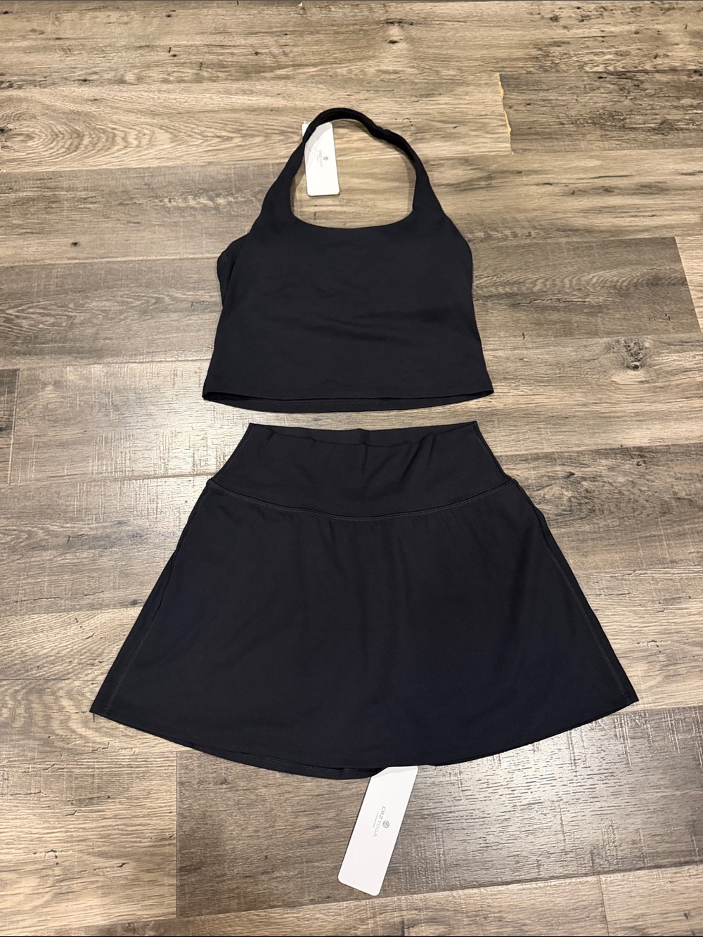 NWT CRZ YOGA Matching Set Halter Crop Tank Top & Athletic Tennis Skirt M Black